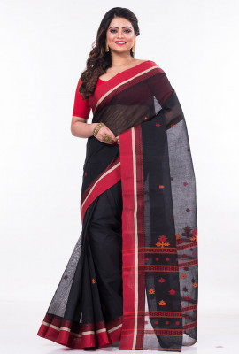 Red Black Bengal Tant Cotton Saree HTC0014