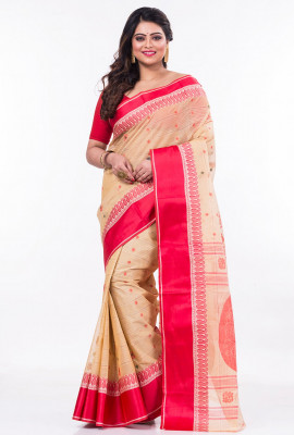 Red White Bengal Tant Tussar Silk Saree HTT0015