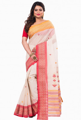 Red White Bengal Tant Cotton Saree HTC0019
