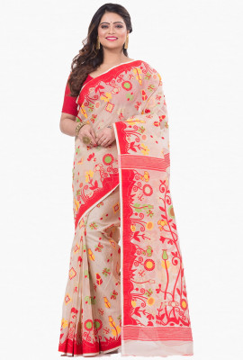 Red White Dhakai Jamdani Saree HTDS0022