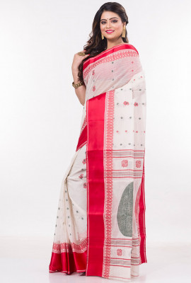 Red White Bengal Tant Cotton Saree HTC0026