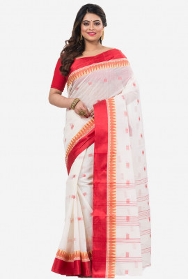Red White Bengal Tant Cotton Saree HTSC0028