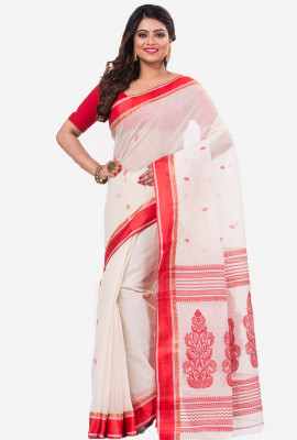 Red White Bengal Tant Cotton Saree HTC0029