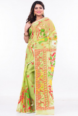 Lime Green Dhakai Jamdani Saree