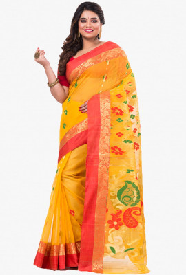 Yellow Red Bengal Tant Tussar Silk Saree HTCT0032