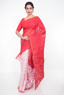 Red & White Half-Half Allover Work Soft Dhakai Jamdani Saree 