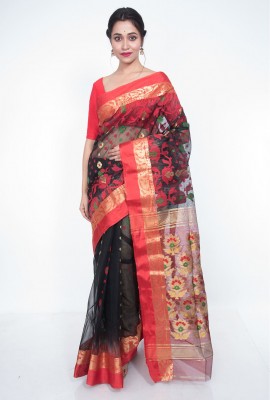 Red & Black  with Golden Zari  Dhakai Jamdani Saree