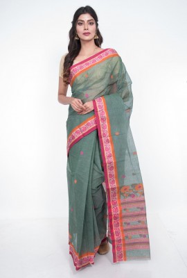 Teal green & bright pink  Tant cotton Jamdani Saree