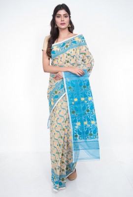 Light Beige & Sky Blue Soft Dhakai Jamdani Saree