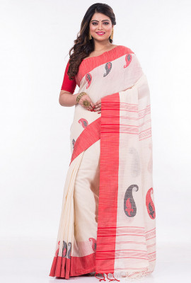Red White Bengal Handloom Khadi Cotton Saree HTBH0006