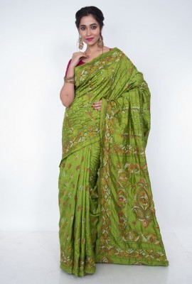 Olive Green  Allover Hand Stitched Kantha Blended Silk Saree