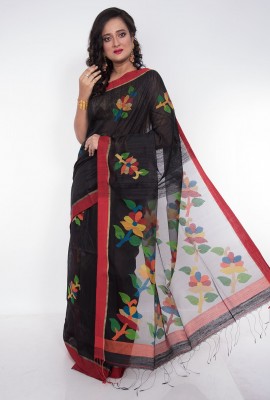 Black Pure Matka Muslin Saree with Hand Woven Jamdani Work.