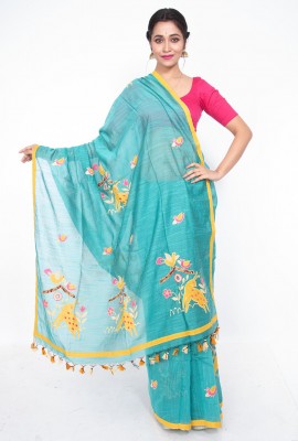 Sky Blue Bengal Handloom Saree with Applique Work