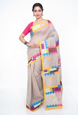 Pale Grey Handloom Saree with Multicolour  Applique Work