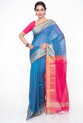 Peacock Blue & Vibrant Red 1000 buti Linen Cotton  Saree