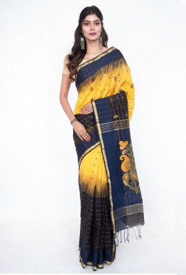 Bright Yellow & Black Linen Cotton Handloom Saree