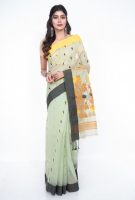 Mint Green Linen Cotton  Bengal Handloom Saree