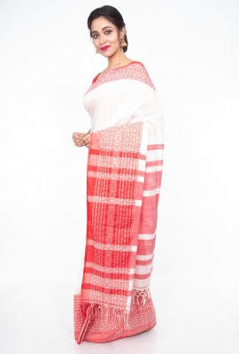 Red & white Linen Bengal Handloom saree