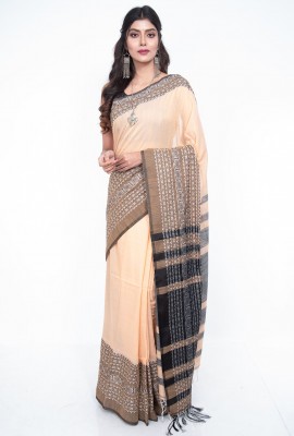 Pastel peach & brown  Linen Bengal Handloom saree